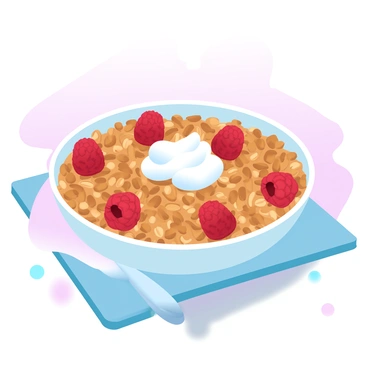A bowl of granola topped with fresh raspberries and yogurt on a breakfast table