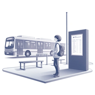 A person standing at a bus station, wearing a light jacket and jeans. They have short hair and carry a small backpack slung over one shoulder. Their gaze is directed toward the approaching bus, and they have a slight smile on their face, conveying a sense of anticipation. The bus station is equipped with a large timetable board displaying various route information. Surrounding the station are metal benches, and a few passengers are seated, waiting for their rides. The atmosphere reflects a moment of transition and opportunity.