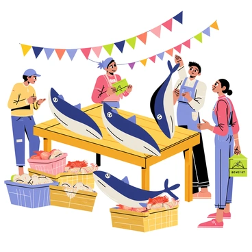 A bustling fish market stall featuring a wooden table with several freshly caught bluefin tuna displayed prominently. The tuna have shiny, dark blue skin and large, bulging eyes. Around the stall, various market-goers are engaged in conversation and inspecting the fish. Baskets filled with other types of seafood, such as crabs and shrimp, are scattered around. Colorful banners advertising the day's specials hang above the stall, fluttering in the breeze. A vendor in an apron is seen preparing to weigh a tuna for a customer.