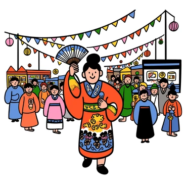 Ayanokoji, a light-skinned young man with black hair, is participating in a vibrant local festival. He is dressed in a traditional costume featuring intricate patterns and bright colors. The festival is bustling with people around him, all wearing various traditional attire. Colorful banners and lanterns are hanging in the background, creating a festive atmosphere. Ayanokoji is smiling as he holds a decorative fan in one hand. There are stalls with food and games visible in the distance, adding to the lively scene.