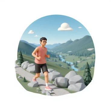 A runner, wearing a red tank top, black shorts, and running shoes, is navigating a rocky mountain path. The runner has short black hair and focused expression. The path is surrounded by rugged rocks and scattered patches of grass. In the background, there is a breathtaking view of a lush green valley, dotted with trees and a river winding through it. The sky above is bright blue, with a few fluffy white clouds drifting by.