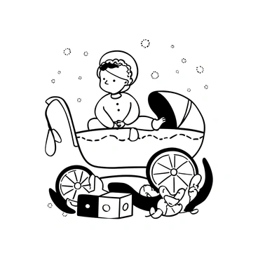 A baby wearing a vintage-style outfit with a lace bonnet, sitting comfortably in a retro stroller. The stroller has intricate designs, featuring a curved handle and patterned fabric. The background contains soft textures to enhance the vintage feel, with a few toy blocks scattered nearby. The overall composition highlights the charm of the scene, emphasizing the delicate details of the outfit and stroller.