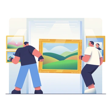 Museum staff members are in the process of carefully moving a large painting into a gallery space for an upcoming exhibit. One staff member, wearing a black shirt and gloves, is gripping one side of the painting, while another staff member, dressed in a white shirt, is supporting the opposite side. The painting, framed in an ornate gold frame, depicts a vibrant landscape with rolling hills and a clear blue sky. The gallery has white walls, and soft lighting highlights the space. In the background, various artworks are visible, creating an atmosphere of anticipation for the exhibit.