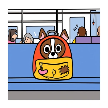 A small brown and white dog with big eyes peeking out of a colorful backpack that is resting on a subway seat. The backpack has cartoon characters on it, adding a playful touch. The interior of the subway train is visible, with metal poles and seated passengers in the background. The dog’s ears are perked up, and its nose is slightly visible above the edge of the backpack. Soft lighting inside the train highlights the scene.
