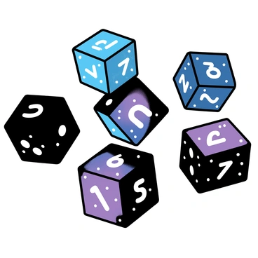 A set of six dice, each featuring a unique galaxy pattern. The surfaces of the dice are filled with vibrant colors of deep blues, purples, and blacks. Tiny white stars and swirling nebulae are scattered across the surfaces, creating a cosmic effect. Each die shows different numbers, with the numerals appearing prominently against the galactic background.