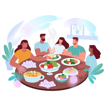 A family is gathered around a rustic wooden table, filled with colorful dishes made from farm-fresh produce. There are vibrant salads, a steaming vegetable casserole, and various fruits arranged in a basket. The table is adorned with a simple checkered tablecloth and natural elements like leafy greens accenting the setting. In the background, there are wooden beams and potted plants adding a homely touch to the scene. The atmosphere radiates warmth and togetherness as the family enjoys their meal.