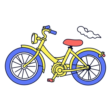 A cartoon bike designed in a steampunk style. The bike features large, spoked wheels with brass-colored gears prominently visible. There are steam pipes running along the frame, giving it a mechanical look. The handlebars are embellished with intricate detailing, and a small pressure gauge sits on one side. The seat is cushioned and has a vintage leather appearance. Steam is billowing gently from the pipes, adding to the dynamic feel of the bike.