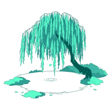 A teal majestic willow tree with drooping branches is positioned prominently overhanging a white bog. The branches gracefully extend towards the water, creating a delicate curtain of leaves that gently touch the surface. The bog is surrounded by patches of green moss, and small ripples can be seen where the branches dip into the water. The scene captures the tranquil beauty of nature, with the contrast between the vibrant teal of the tree and the muted white of the bog.