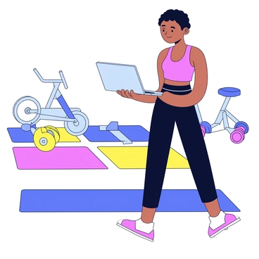 A person with short black hair is participating in a virtual fitness class, looking focused and engaged while standing in front of a laptop. The laptop is positioned on a small gym bench. The gym setting includes colorful exercise mats on the floor and various gym equipment like dumbbells and a stationary bike in the background. The lighting is bright, enhancing the modern feel of the gym environment. The person is wearing a fitted workout outfit, including a tank top and athletic leggings.