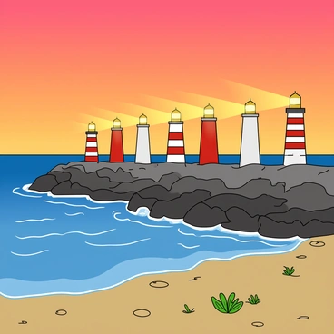 A coastal scene featuring eight lighthouses positioned along a rocky shoreline. Seven of the lighthouses are glowing warmly as the sun sets, casting orange and pink hues across the sky. Each lighthouse is distinct in design; some are tall and slender with red stripes, while others are shorter and painted white. The ocean waves gently lap at the rocks below, reflecting the colors of the sky. In the foreground, there are patches of green seaweed and small seashells scattered across the sand. The eighth lighthouse stands to the side, not glowing, symbolizing the fraction 8/7 in this vibrant sunset scenario.