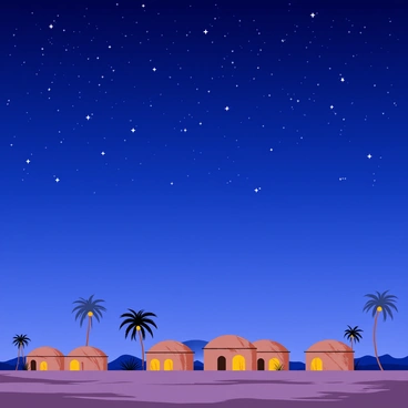 A clear Sahel sky with a deep blue hue filled with a multitude of bright stars twinkling. Below the sky, a tranquil village is depicted, featuring round mud-brick houses with thatched roofs. Small, glowing windows in the houses suggest life inside. There are silhouettes of tall palm trees swaying gently in the night breeze. The village is surrounded by open land, with patches of grass and small bushes visible in the moonlight.