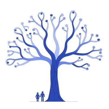 A family tree is illustrated with branches that resemble DNA strands, twisting elegantly as they extend outward. Each branch is adorned with small, intricate symbols that represent inherited epigenetic modifications. The tree trunk is robust and textured, showcasing the foundational lineage of the family. At the end of each branch, there are silhouettes of family members, indicating their connection to the genetic heritage. The background is simple, allowing the focus to remain on the unique design of the family tree and its detailed representation of genetic inheritance.