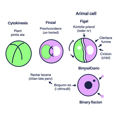 An illustration depicting the process of cytokinesis in various species is presented. On the left, a plant cell is shown, with a clearly defined cell plate forming in the center, dividing the two daughter cells. Next to it, an animal cell is illustrated, characterized by a cleavage furrow that is pinching the cell membrane inward. Above these, a fungal cell is represented, displaying a unique method of cytokinesis with vesicles merging at the division site. Below, a diagram of a bacterial cell is included, illustrating binary fission, where the cell splits into two identical cells. Labels are provided for each type of cytokinesis, with arrows indicating the direction of the division processes. Each cell type is distinctly represented and organized for clarity.