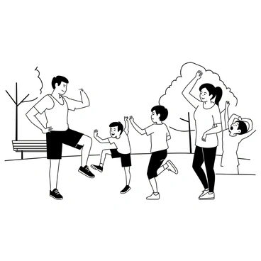 A family of four is in a park, engaged in exercise together. The father, wearing a tank top and shorts, is demonstrating calf raises on a grassy area. The mother, dressed in a t-shirt and jogging pants, is encouraging the children. A young boy, wearing a bright t-shirt and shorts, is imitating his father's movements, trying to perform calf raises with a focused expression. The older sister, in a sports top and leggings, is laughing and joining in the fun, stretching her arms above her head. Trees and a walking path are visible in the background, with a few park benches scattered around.