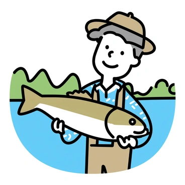 An old fisherman with gray hair and a weathered face is standing by a calm lake. He is wearing a brown hat and a plaid shirt, showcasing the details of his well-loved attire. In his hands, he is proudly holding a large catfish, which is glistening in the sunlight. The lake in the background reflects the surrounding greenery and a clear blue sky. The fisherman's expression conveys a sense of accomplishment as he gazes at the fish.