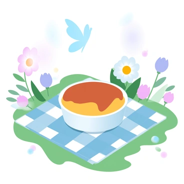 A crème brûlée is placed on a checkered picnic blanket. The dessert is in a small, round dish with a caramelized top that has a crisp texture. The blanket is spread across green grass, and colorful flowers are blooming around it, including daisies and tulips. Soft sunlight filters through the trees, creating a warm ambiance in the park. A few butterflies are fluttering nearby, adding to the cheerful atmosphere of the scene.
