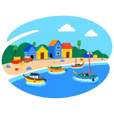 A quaint fishing village on the edge of a Catan island featuring several colorful boats bobbing gently in the water. The village is composed of small, charming houses painted in bright hues of blue, yellow, and red. Each boat displays unique patterns and designs, reflecting the lively spirit of the community. The shoreline is lined with pebbles, and various fishing nets and equipment are scattered about, emphasizing the village’s maritime lifestyle. A clear blue sky hangs above, with a few fluffy white clouds drifting lazily.
