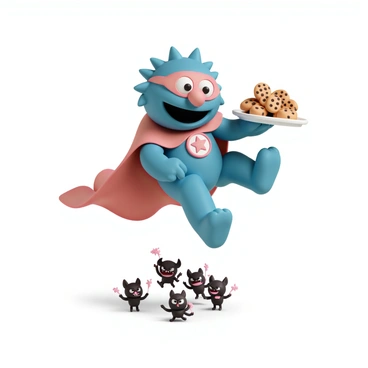 A blue furry character with large googly eyes, dressed in a bright red superhero costume featuring a cape and a mask. He is in a dynamic pose, leaping through the air with one hand extended forward. In his other hand, he is holding a tray filled with chocolate chip cookies. Below him, a group of mischievous villains, depicted as small, cartoonish creatures with devilish grins, are trying to reach for the cookies. The scene is filled with action, showcasing the heroic effort of "Cookie Monster" as he swoops in to save the cookies.
