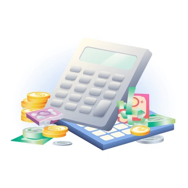 A large silver calculator is placed in the center of the image. Surrounding the calculator are several neat piles of gold and silver coins, varying in size and shape. In addition to the coins, there are stacks of colorful banknotes, featuring different denominations, arranged haphazardly around the calculator. The background consists of a subtle gradient that enhances the focus on the calculator and the money. The overall composition emphasizes the concept of economic calculations.