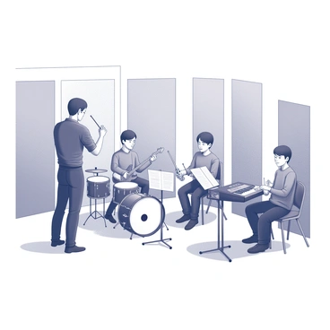 A music trainer stands at the front of a rehearsal studio, actively conducting a band. The trainer is raising one hand to signal a tempo, while the other hand holds a conductor's baton. In front of the trainer, a group of young musicians is seated, each with their respective instruments: a drummer with a set of drums, a guitarist with an electric guitar, a pianist at a keyboard, and a brass player with a trumpet. The musicians are focused, following the trainer's cues. Music stands are present, holding sheets of music, and there are soundproof panels lining the walls of the studio. The atmosphere conveys a sense of collaboration and practice.