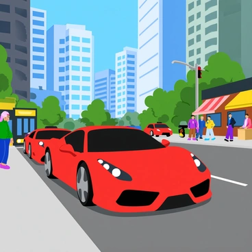 A red Ferrari with sleek curves is parked on a bustling city street. The car is positioned alongside a line of smaller vehicles, showcasing its vibrant color against the gray asphalt. In the background, tall skyscrapers rise towards the sky, their glass windows reflecting the sunlight and the activity below. Pedestrians walk along the sidewalk, creating a lively atmosphere, while a few street vendors are visible with colorful awnings. The scene is filled with details such as traffic lights and street signs, contributing to the urban environment.
