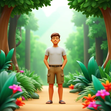 A person on a rainforest trail stopping to inhale the rich, humid air deeply