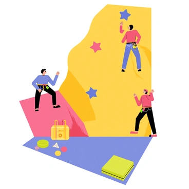 A brightly colored indoor rock climbing wall featuring various climbing holds in shapes of stars, triangles, and circles. Several climbers are depicted in action, each wearing harnesses and chalk bags. One climber is reaching for a blue hold at the top, while another is strategically positioned mid-way, studying their next move. Below, a soft, cushioned mat provides safety, and additional climbing gear is scattered nearby. The vibrant colors of the wall create an energetic atmosphere.