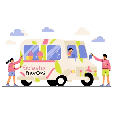 A whimsical ice cream van with a colorful exterior featuring swirling patterns and bright, enchanting designs. The van has large, cheerful windows adorned with sparkling fairy lights. A sign on the side displays the words "Enchanted Flavors" in bold, playful letters. The ice cream menu includes vibrant cones with flavors such as "Pixie Berry" and "Unicorn Swirl," each cone topped with sparkling edible glitter. Surrounding the van are animated, happy children excitedly pointing at the various ice cream options. Above, a soft blue sky is dotted with fluffy white clouds, creating a magical atmosphere.