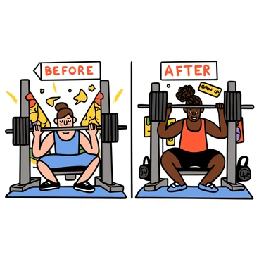 A cartoon illustration showing a before-and-after scene of two individuals progressing from novice to expert in chest press workouts. On the left side, a light-skinned man with short brown hair and a light blue tank top is struggling to lift a small barbell. He has a worried expression on his face, and he is surrounded by gym equipment. On the right side, the same man, now more muscular with a confident expression, is lifting a heavy barbell with ease. He is wearing a dark red tank top, and his posture is strong and focused. Next to him, a dark-skinned woman with curly hair in a ponytail is also depicted. On the left, she is attempting to lift a small weight, looking determined but unsure. On the right, she has improved significantly, lifting a heavier weight with a smile, looking proud of her progress. Both characters are set against a gym backdrop filled with weights and fitness posters.