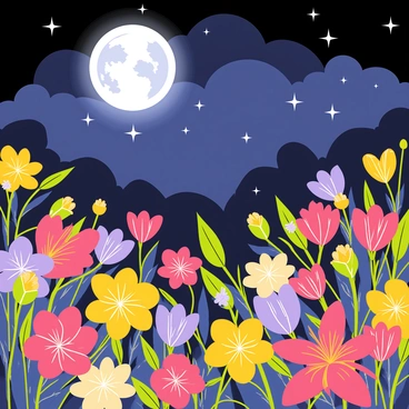 A magical garden filled with an array of vibrant flowers in various colors such as red, yellow, and purple. The flowers are in full bloom, showcasing their intricate petals and lush green leaves. A large, luminous full moon hangs in the starry night sky, casting a gentle silver light that illuminates the garden. Shadows of the flowers stretch across the ground, enhancing the enchanting atmosphere. Wisps of light can be seen floating gently above the flowers, creating a whimsical scene.
