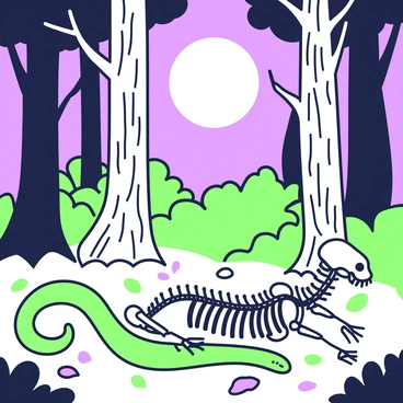 A snake skeleton is lying on the forest floor, illuminated by the light of a full moon shining through the trees. The skeleton is detailed, showcasing the vertebrae and skull clearly. Surrounding the skeleton are various fallen leaves and twigs, adding to the natural setting. Tall trees with textured bark stand in the background, their shadows stretching across the ground. The moonlight creates a soft contrast between the brightness of the skeleton and the darker elements of the forest.