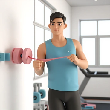 A fitness enthusiast using a resistance band reel in a bright gym setting
