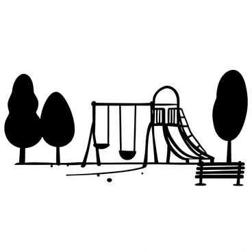 A black-and-white illustration of an empty playground at dusk. The scene features a set of swings gently swaying in the wind, casting elongated shadows on the ground. The playground equipment, including a slide and a merry-go-round, stands still and deserted. Surrounding trees are silhouetted against the darkening sky. A lonely bench is positioned nearby, adding to the atmosphere of solitude. The overall composition conveys a sense of stillness and nostalgia, evoking memories of childhood joy.