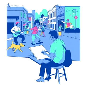 A blue street artist is sitting on a stool in the foreground, intently sketching on a large white sketchpad. Behind the artist, there is a lively urban scene filled with various characters. A group of characters with different outfits is engaged in activities; one is playing a teal guitar while another is dancing. A yellow dog is running playfully alongside a child wearing a red cap. Buildings with colorful murals line the background, adding vibrancy to the scene. The artist's intense focus on capturing the moment contrasts with the energetic atmosphere around them.