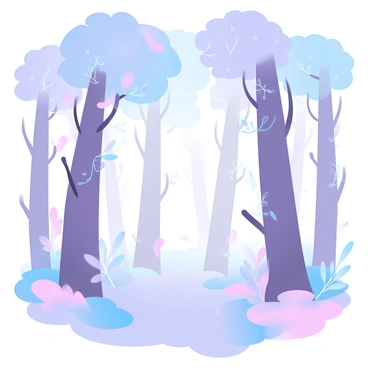 A dense forest filled with tall trees, each exhibiting a unique shade of purple. The trunks of the trees vary in texture, some are smooth while others are rugged, creating a rich visual contrast. Lush foliage surrounds the base of the trees, with leaves that range from lavender to deep violet. Small flowers bloom sporadically, adding splashes of lighter and darker purples throughout the scene. The forest floor is carpeted with a soft layer of purple moss, and delicate vines weave through the branches above, connecting the trees in an intricate pattern. Sunlight filters through the canopy, casting gentle, diffused light that enhances the vibrant hues of the forest.