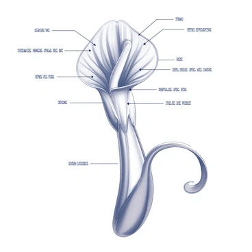 A detailed scientific diagram illustrating a "corpse flower" plant. The diagram labels various parts of the flower, including the large, central bloom with its unique shape, the spadix at the center, and the surrounding spathe. Additional labels identify the stem, roots, and petiole. Each labeled part includes arrows pointing to the corresponding sections of the flower, providing clear identification. The diagram is organized and precise, with a clean layout that emphasizes the botanical features of the corpse flower.