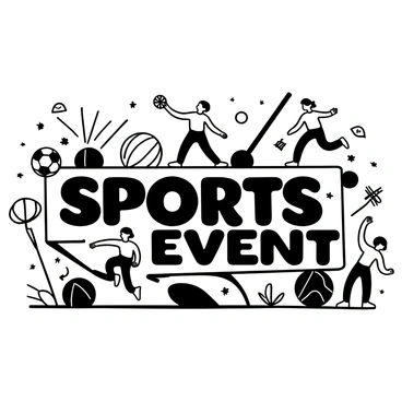 A large banner featuring the words "Sports Event" displayed prominently in a bold, dynamic illustration font. The background of the banner includes various sports equipment such as a soccer ball, a basketball, and a tennis racket arranged artistically. There are numerous action silhouettes of athletes engaged in different sports, creating a sense of motion and excitement. Decorative elements like stars and lines radiate around the text to enhance the energetic atmosphere of the event.