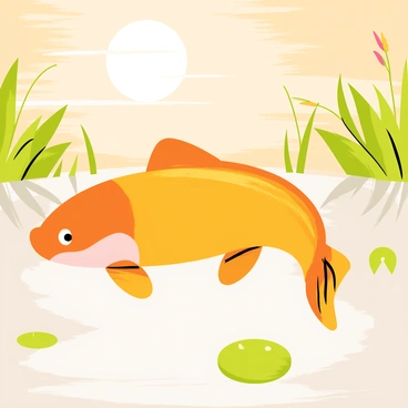 A large orange and gold carp swimming gracefully in a calm pond. The water reflects the warm orange hues of the setting sun, creating a shimmering effect on the surface. Surrounding the pond are lush green plants and reeds, with a few lily pads floating nearby. The sky above is painted with soft shades of orange and pink, enhancing the tranquil atmosphere of the scene.