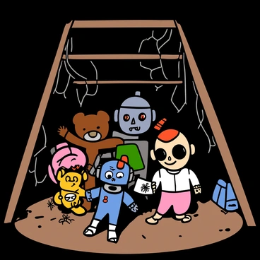A dimly lit attic filled with old, dusty items. In the center, there is a pile of discarded toys, including a worn-out teddy bear with a torn ear, a vintage robot with rusted features, and a cracked porcelain doll with eerie, wide eyes. Each toy has unsettlingly menacing expressions, with furrowed brows and sinister smiles. The wooden beams of the attic are visible above, and shadows cast across the floor enhance the ominous atmosphere. Cobwebs hang in the corners, adding to the abandoned feel of the space.