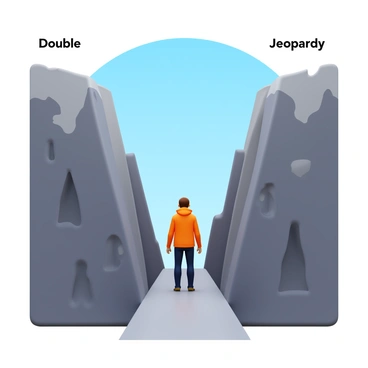 A hiker wearing a bright orange jacket is standing on a narrow path that runs between two steep cliffs. The cliff on the left side is labeled "Double" and has sharp, rocky edges. The cliff on the right side is labeled "Jeopardy" and appears to be crumbling in some areas. The hiker is looking ahead, focused on the path, with a backdrop of a clear blue sky. The scene conveys a sense of height and danger due to the precarious position of the narrow path.