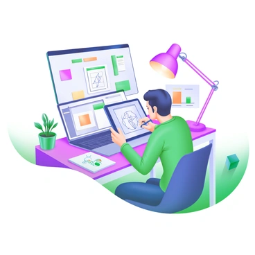 A high-tech workstation is displayed with a modern pastel illustration of an inventive designer sketching. The designer is sitting at a sleek desk, focused on a digital tablet where the outline of new social media tools is visible. Around the workstation, there are various design elements, such as colorful sticky notes, a laptop showing graphs and icons, and a sketchpad filled with ideas. A stylish lamp illuminates the workspace, and a potted plant adds a touch of greenery to the scene. The entire setting conveys a sense of creativity and innovation in technology.