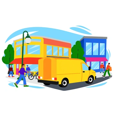 A delivery car with a bright yellow exterior is parked along a busy street in an urban neighborhood. The car is positioned parallel to the curb, with its back doors slightly open. Surrounding the car, there are pedestrians walking by, some carrying shopping bags. Colorful storefronts line the street, featuring awnings in various shades such as red and blue. In the background, tall buildings with large windows tower over the scene. A streetlamp stands nearby, and a couple of bicycles are parked against the sidewalk. Vibrant greenery from nearby trees adds life to the bustling environment.