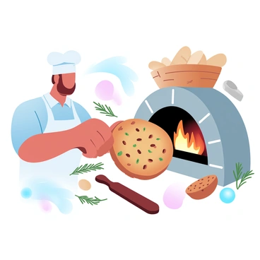 A smiling baker pulling a golden-brown focaccia from a traditional stone oven