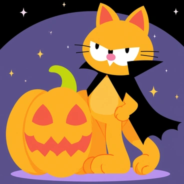 A cartoon-style illustration of "Garfield" dressed in a spooky vampire costume with a black cape and fangs. Garfield has his distinct orange fur and is standing confidently next to a carved pumpkin with a grinning face. The pumpkin is a vibrant orange color, with flickering candlelight illuminating its features. The background includes a dark, starry night sky to enhance the Halloween theme.