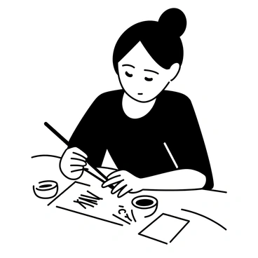 A person sitting at a wooden table, holding a brush in their right hand, is carefully practicing "Hangul" calligraphy. They are focused on a sheet of rice paper, where elegant black characters are taking form. The person is wearing a simple dark t-shirt and has their hair tied back in a neat bun. A small inkstone with a pool of black ink is placed on the table beside them, along with a few more sheets of paper. The room is softly lit, emphasizing the concentration on the person’s face as they refine each stroke.