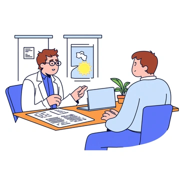 A doctor wearing a white coat and glasses is seated at a wooden desk. The desk has several medical charts and a laptop open. The doctor is pointing at one of the charts while looking attentively at a patient sitting across from them. The patient is a middle-aged person with short brown hair, wearing a light blue sweater. The room has a soft color palette with a window showing a sunny day outside. A plant in a pot is placed on the desk next to the charts.