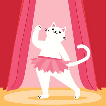 A graceful cat with fluffy, white fur is wearing a small pink tutu. The cat is positioned on its hind legs, striking a ballet pose with one paw raised elegantly in the air. The stage is adorned with a rich, red curtain in the background, draped elegantly on either side. Soft spotlighting highlights the cat, creating a focal point on its delicate form. The floor of the stage is polished wood, reflecting the light from the spotlight, enhancing the scene's theatrical atmosphere.