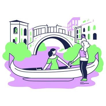 A woman with long hair, wearing a flowing dress, is seated in a gondola as it glides through a Venetian canal. The gondola is elegantly designed with a decorative prow. The woman holds onto the sides of the gondola, gazing at the picturesque surroundings. Reflections of the buildings along the canal are visible in the water. Lush greenery can be seen along the edges of the canal, providing a natural frame to the scene. In the background, a bridge arches gracefully over the waterway. The atmosphere is tranquil, highlighting the charm of the Venetian architecture.
