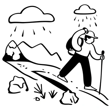 A hiker facing gnarly weather conditions on a mountain trail