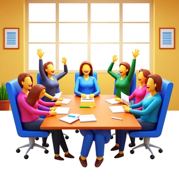 An office scene featuring several employees gathered around a central table. Each employee is smiling and celebrating as they receive their "paycheck envelopes." The table is cluttered with various office supplies, such as pens and notepads. The walls are lined with "framed motivational posters." Natural light streams in through large windows, casting a warm glow over the scene. Employees are dressed in "business casual attire," displaying a sense of camaraderie and joy.